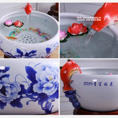 Chậu sứ có lưới lọc kèm đôn gỗ - đồ trang trí, phong thuỷ, tài lộc cho gia chủ